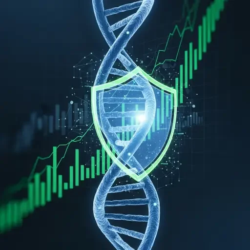 A DNA strand overlaid with a translucent shield and a financial chart—the data economy in microcosm.