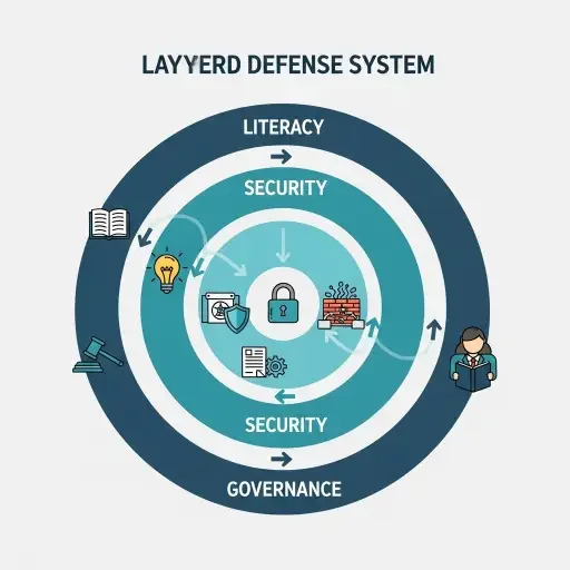 An infographic showing a three-layer defense: governance, security, literacy—each reinforcing the other.