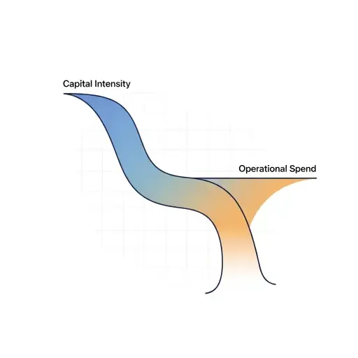 A stylized S-curve showing capital intensity for model training rising early and operational spend plateauing later