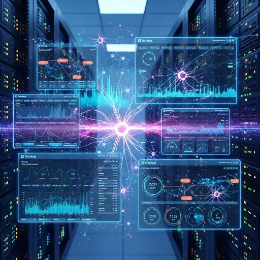 Datadog dashboard screens layered over server racks and AI model visualizations, showing telemetry converging with model metrics.
