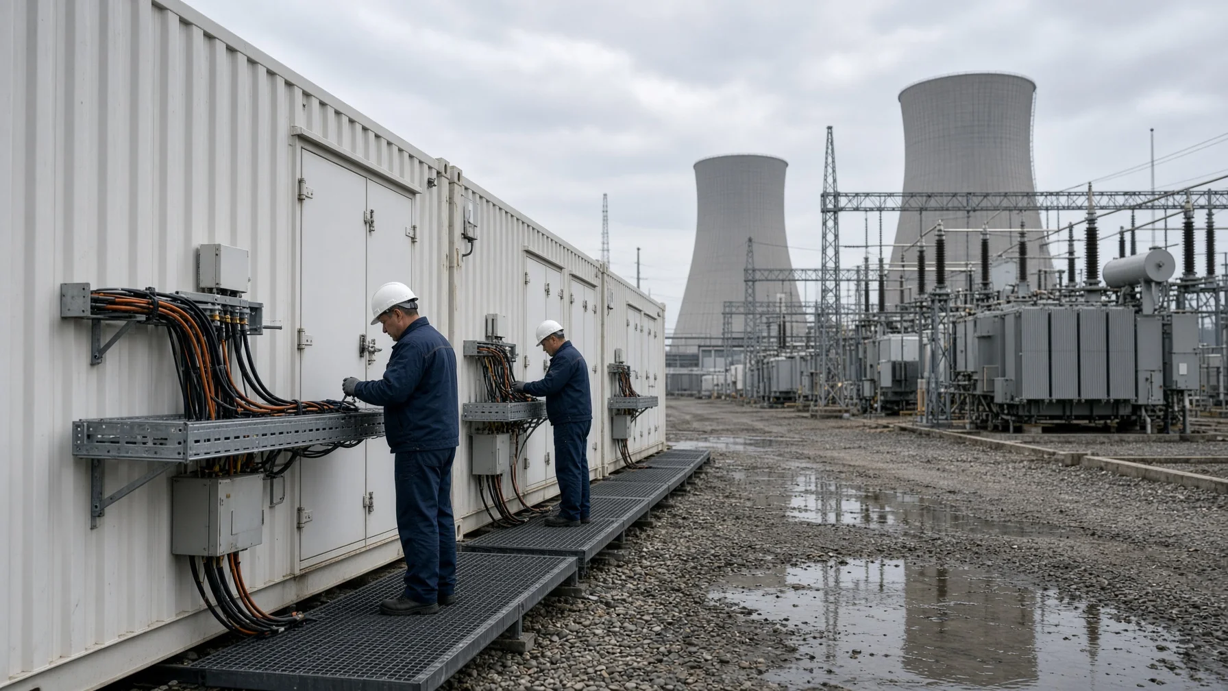 Lateral view of battery energy-storage containers beside outdoor substation transformers, technicians inspecting cable trays in overcast light