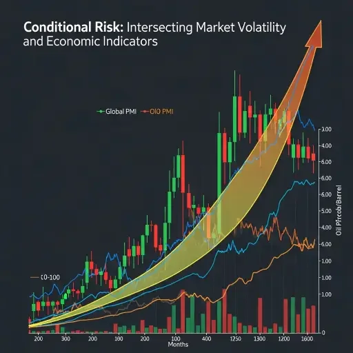 A candlestick chart showing oil price and global PMI amid a rising probability curve, captioned to emphasize conditional risk