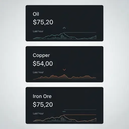 A minimalist grid of commodity price panels—oil, copper, iron ore—each panel annotated with modest arrows indicating potential trajectories