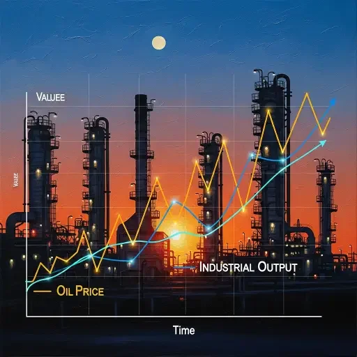 An oil refinery silhouette at dusk with a line chart superimposed, illustrating lead-lag dynamics between oil and industrial output
