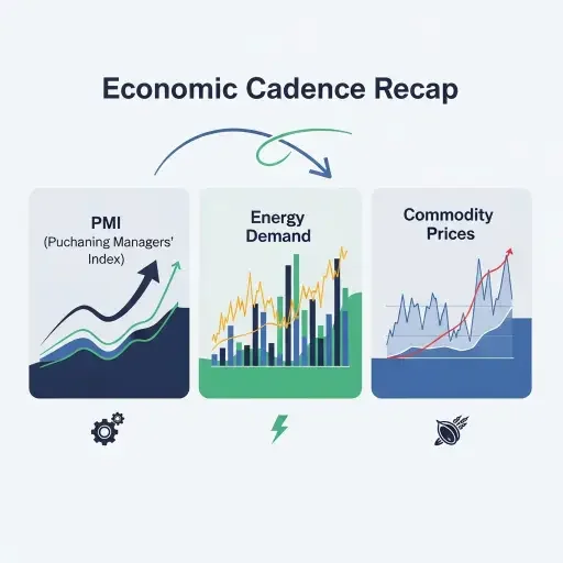 “Recap visual” showing the three-note cadence of PMI, energy demand, and commodity prices, ready to be recalled at a glance