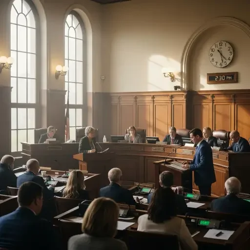 A city council chamber in session, pale sunlight slicing through glass, participants in focused dialogue