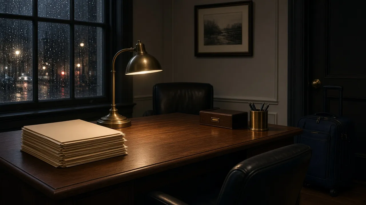 Unlabeled petition folders stacked on a walnut desk at night, a carry-on parked by a rain-wet office window