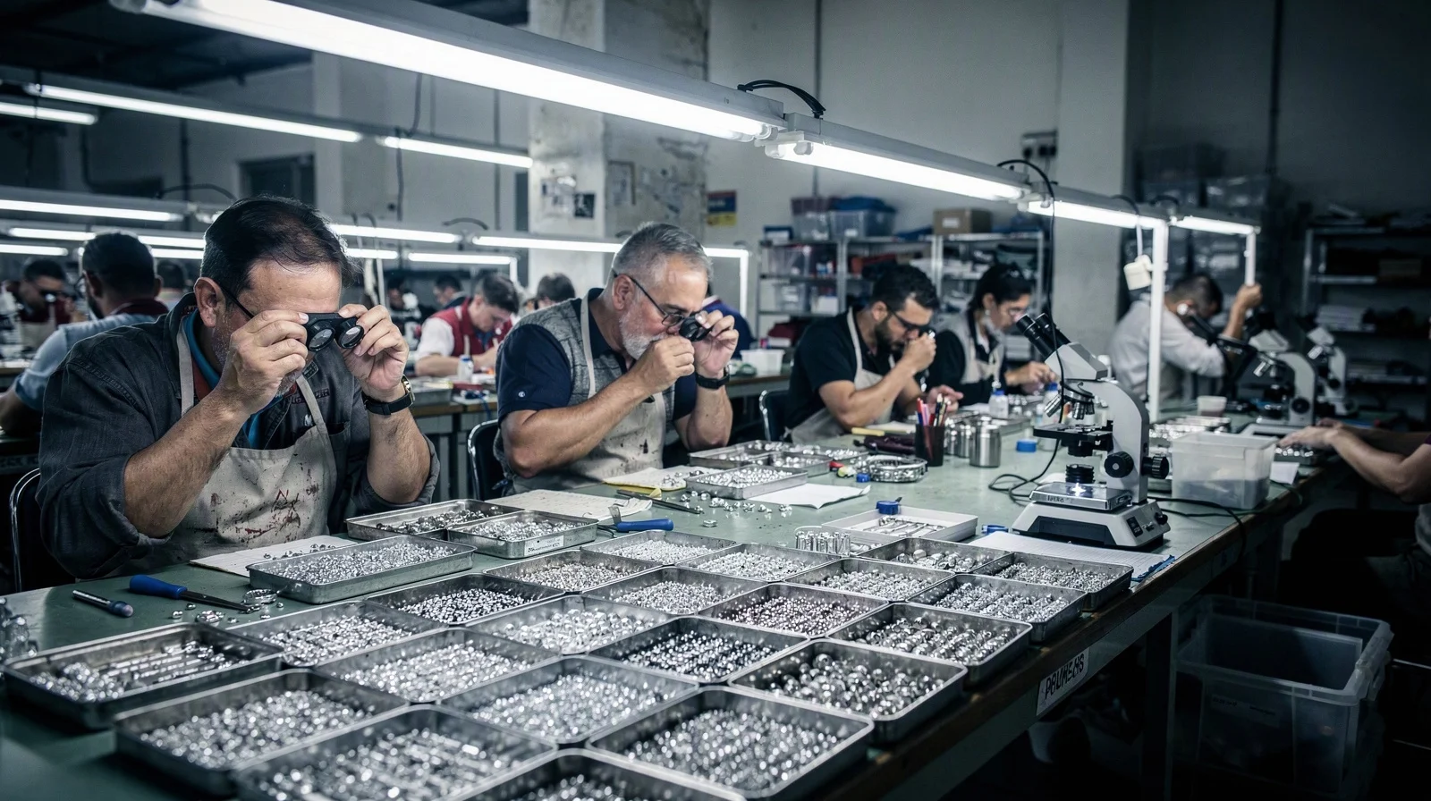 Workers at long green sorting benches examining trays of small polished diamonds under fluorescent workshop lights
