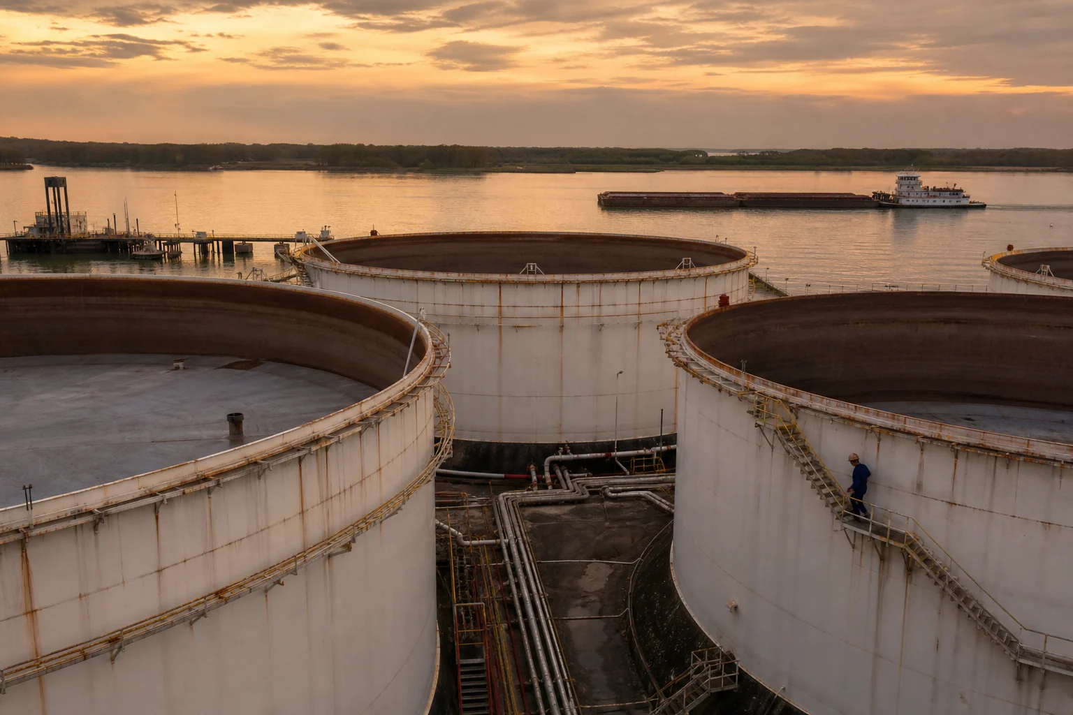 Half-drawn floating-roof diesel tanks at a riverside terminal at dusk, roofs sitting low in weathered steel shells