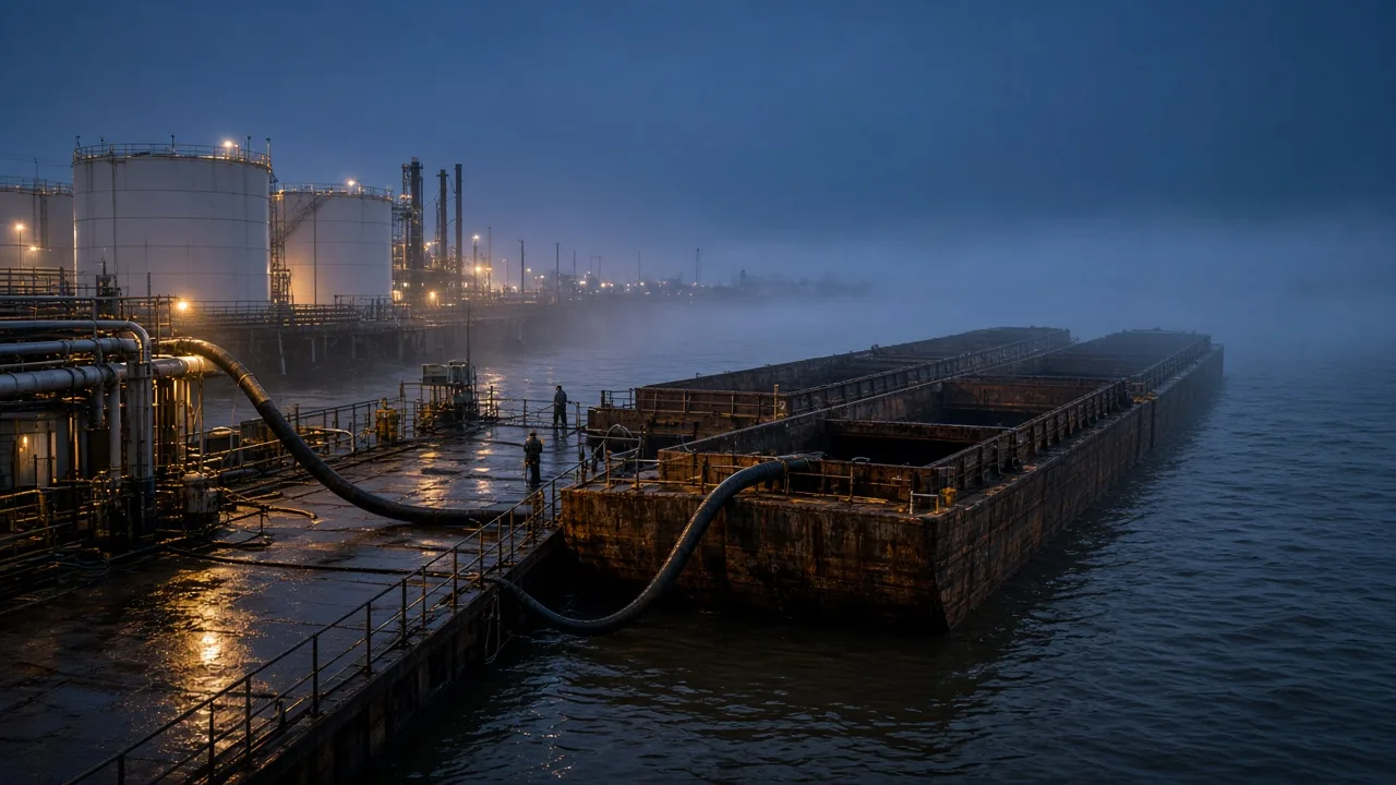 Distillate barges loading at a Mississippi River tank farm at blue hour, product hose on wet steel
