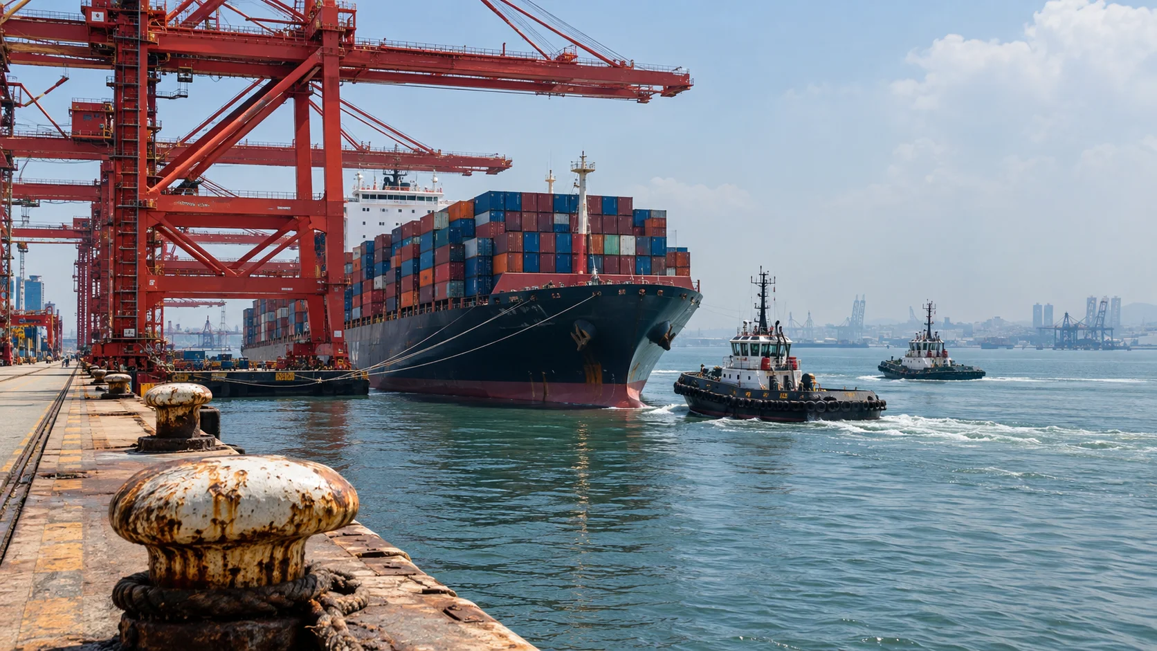 Container gantry crane at a Gulf port berth with a laden boxship moored alongside, haze on the water and tugs standing off the stern