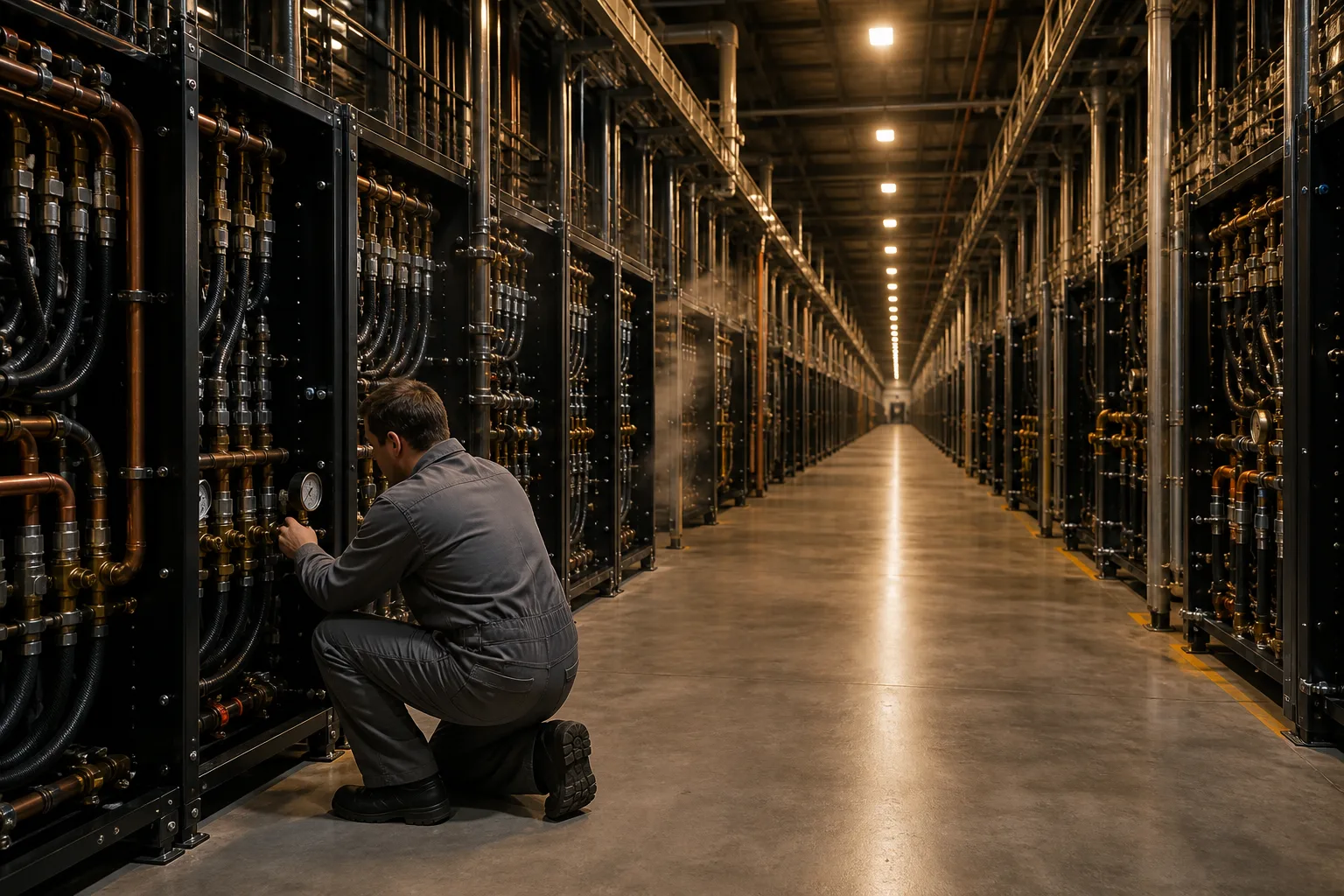 A long data-center aisle of liquid-cooled accelerator racks at night, one technician checking a coolant manifold
