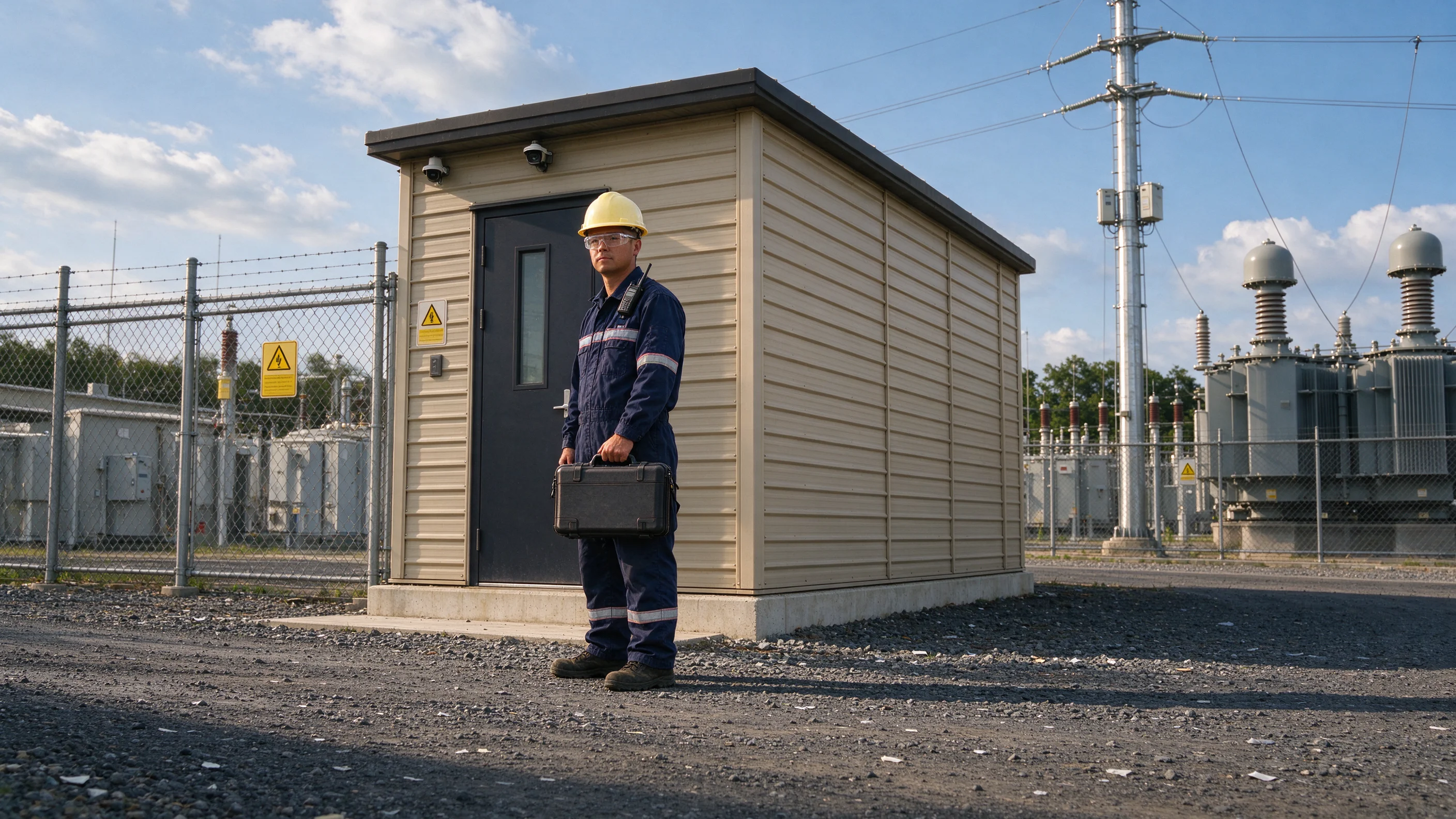Sunny afternoon outside a fenced substation control shelter with a technician at the secured door