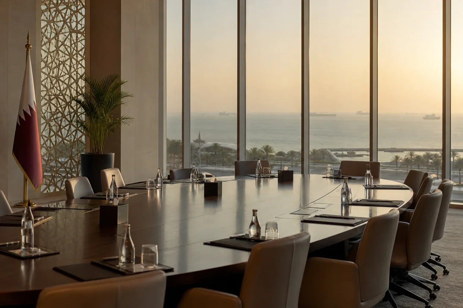 Empty diplomatic conference table in Doha with the Strait of Hormuz visible through floor-to-ceiling windows, symbolizing indirect talks without direct meetings