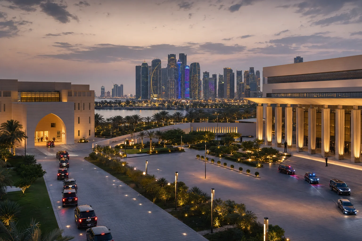 Doha skyline at dusk with separate diplomatic motorcades arriving at different venues, illustrating parallel U.S. and Iran delegations