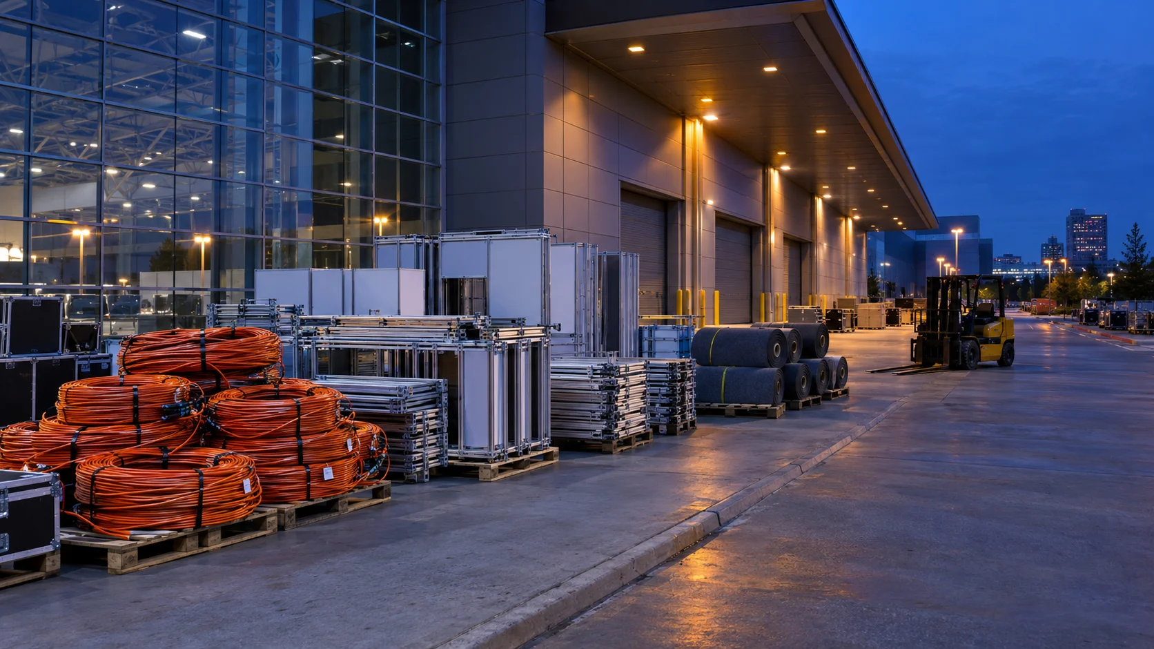 Coiled fiber trunk cables and modular booth frames stacked on pallets outside a convention center service entrance after an expo teardown
