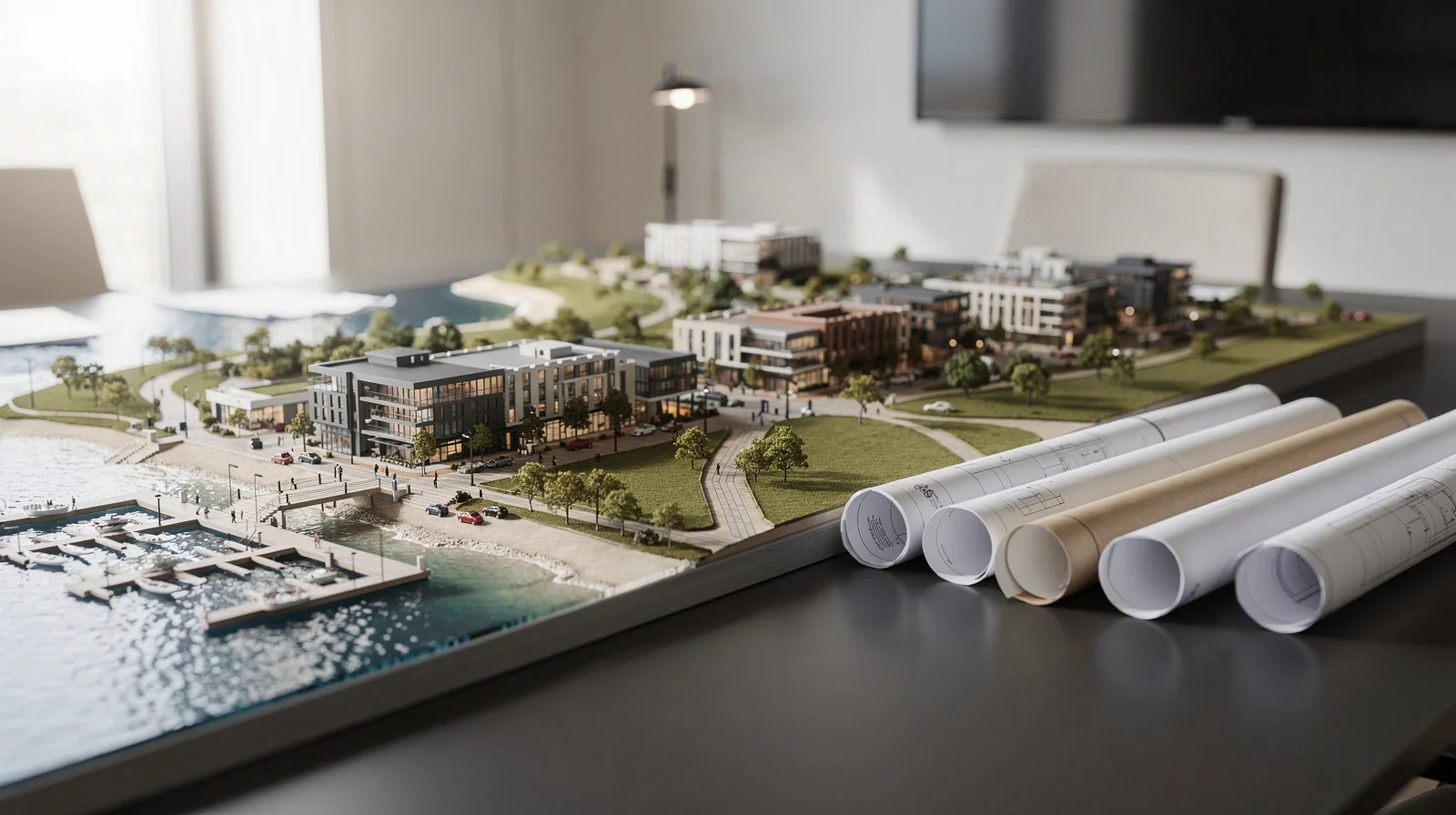 Architectural site model of a coastal development on a conference table beside rolled plans, window light, no readable text