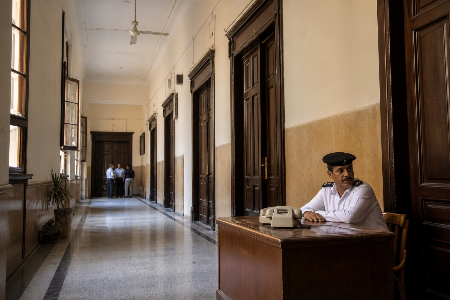 Cairo government ministry corridor at midday: polished stone floor, closed wooden doors, a guard's desk with a telephone, no readable signage