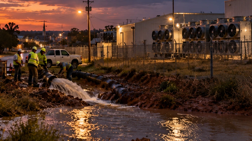 Utility crews work around a ruptured private water line beside an industrial facility after a major municipal leak