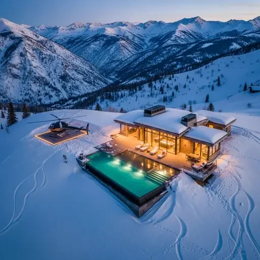 Aerial view of snow-dusted private chalet with heated infinity pool overlooking Aspen mountain peaks at golden hour, helicopter visible on adjacent landing pad, warm interior lighting glowing through floor-to-ceiling windows, fresh ski tracks visible on untouched powder slopes