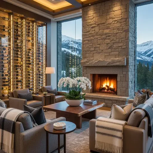Interior of ultra-luxury Aspen chalet showing stone fireplace with twelve-foot ceiling height, cashmere throws draped over custom Italian furniture, a wall of rare vintage wine bottles backlit in temperature-controlled glass cases, mountain vista through frameless windows, fresh white orchids on a live-edge walnut table
