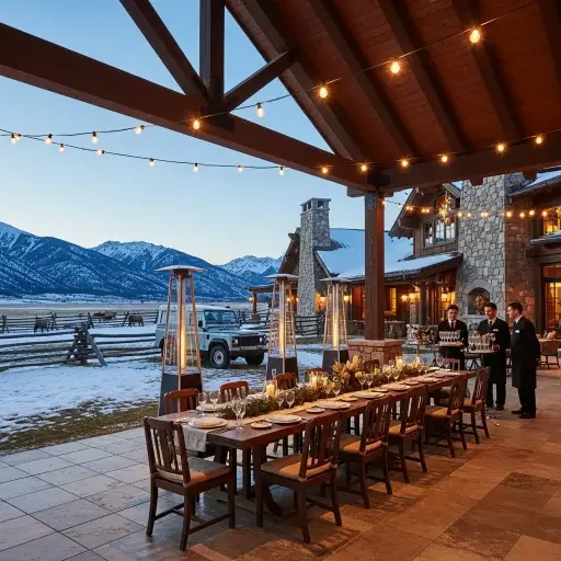 Sprawling decadent rich Wyoming extra-long wrapping ranch estate at dusk showing post-and-beam architecture with stone chimneys, snow-covered mountains in background, snow littered grass, string lights illuminating an extraordinary pottery barn wooden table, set for twelve with multiple heat lamps in an outdoor covered open landscape dining area befit for a king and 11 others, wooden marble floors, a vintage shiny Land Rover Defender parked near a split-rail fence, a few elk visible grazing in the distant open fields; the waiters stand under the covered roof waiting to serve champagne in flutes