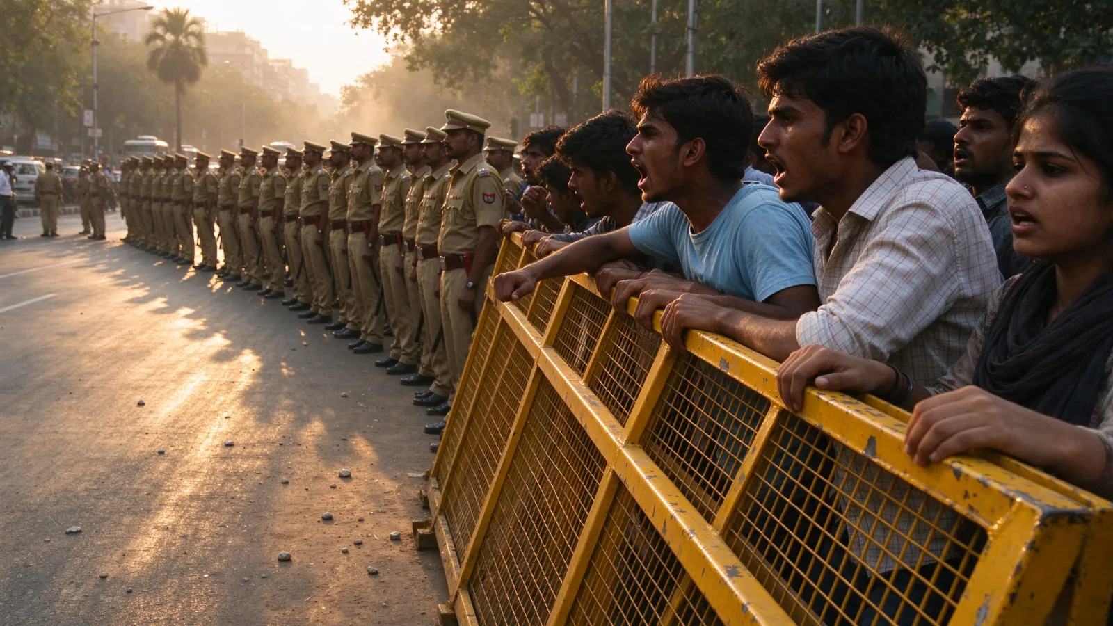 Young protesters pressed against bright yellow police barricades on a Delhi avenue in hard late-afternoon light, security lines stretching into the mid-ground