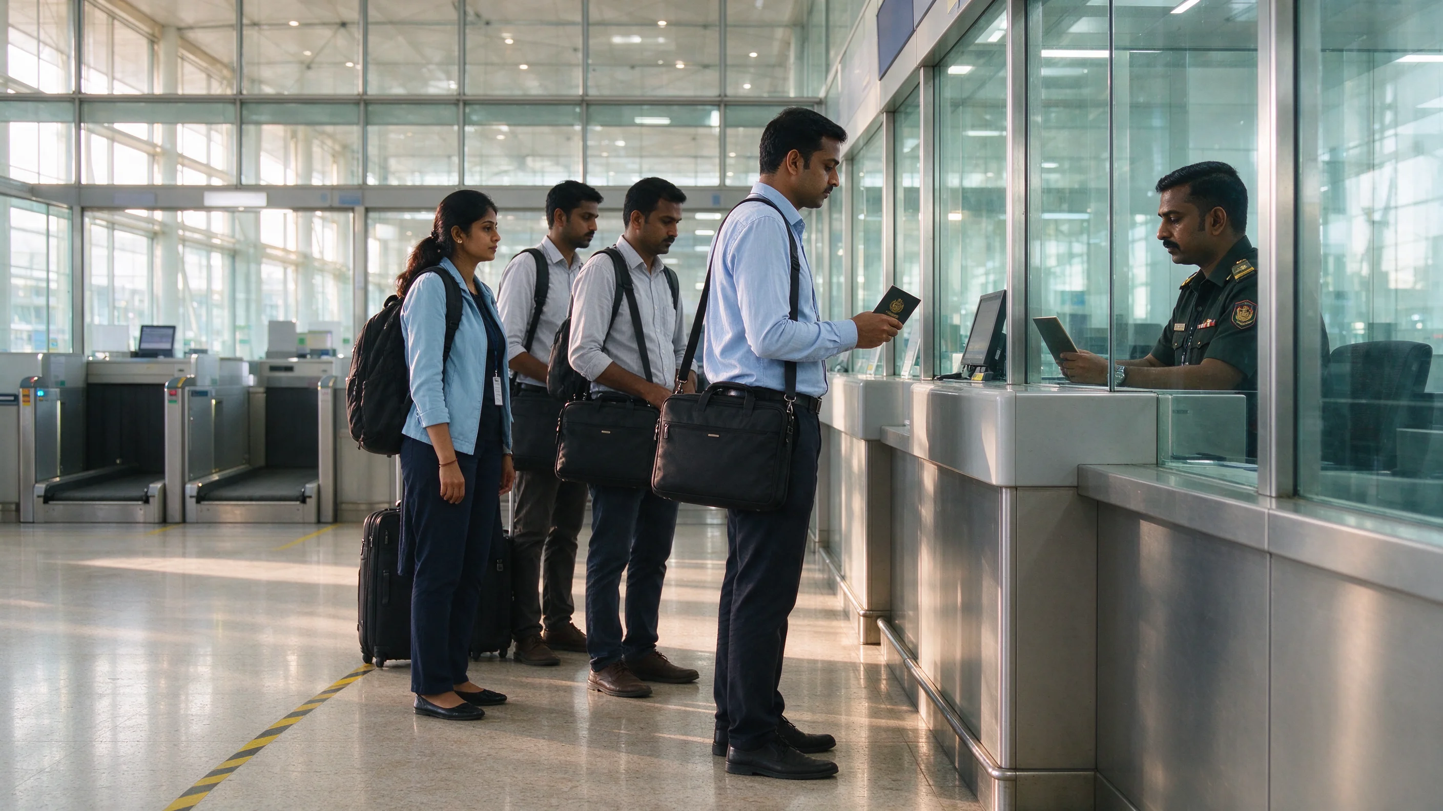 Morning light in a glass-walled airport immigration hall, a short queue of travelers with laptops and carry-ons at a passport counter