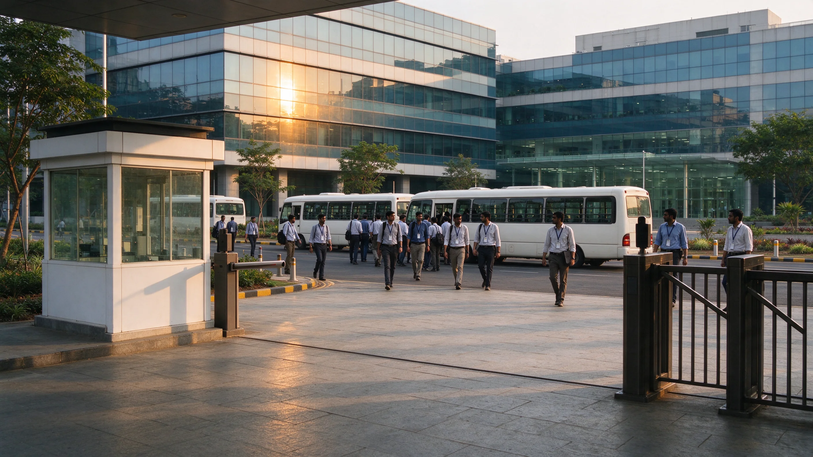 Oblique golden-hour view of an Indian IT campus entrance plaza as badge-wearing engineers board shuttle buses, glass facades catching warm light