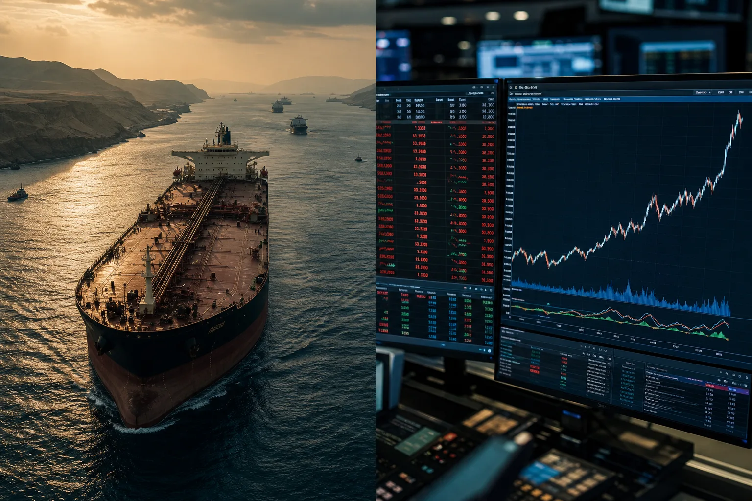Oil tanker under contested strait lighting beside lagging energy equity screens