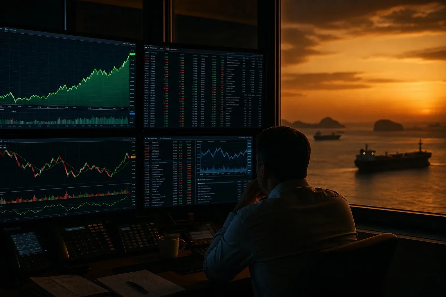 Trading desk with oil prices surging and Hormuz tankers under amber sky