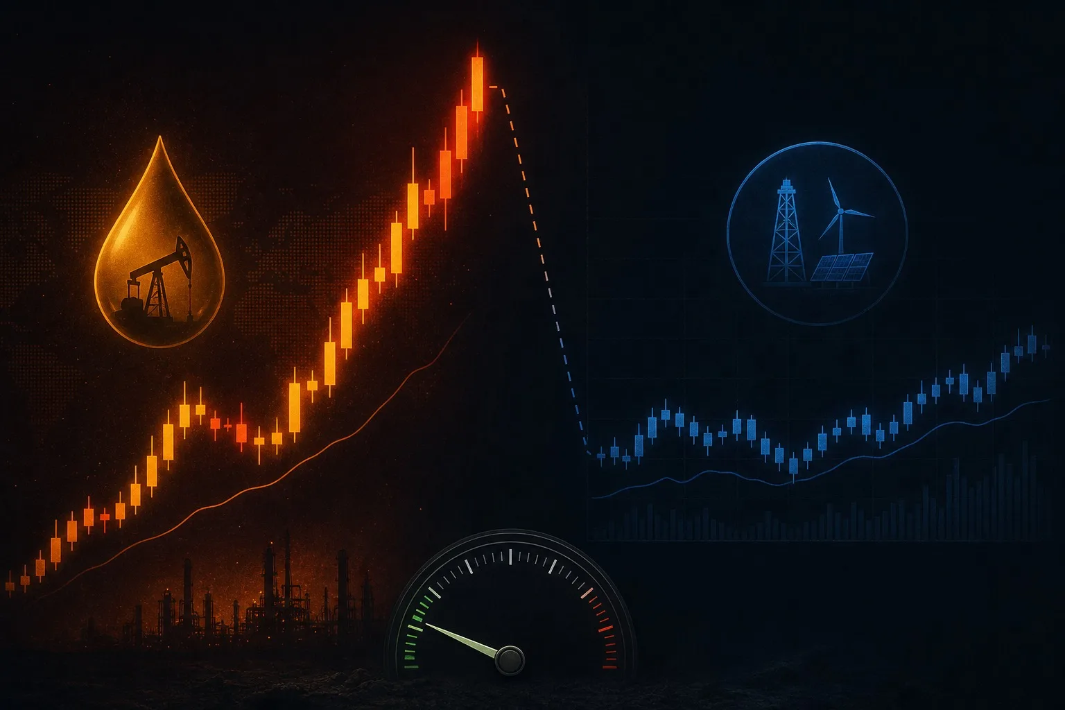 Oil price candle chart climbing while energy equities lag below with a visible gap