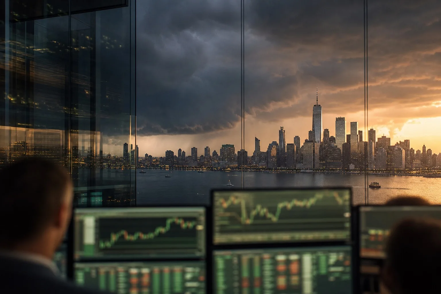 Calm city skyline reflected in glass with distant storm clouds gathering