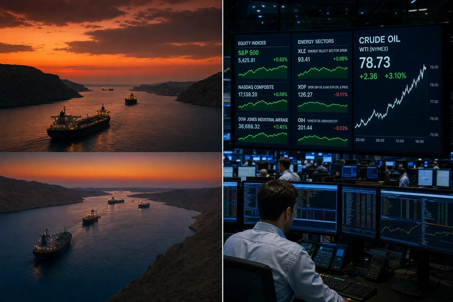 Twin contested oil chokepoints beside a calm equity tape lagging rising crude