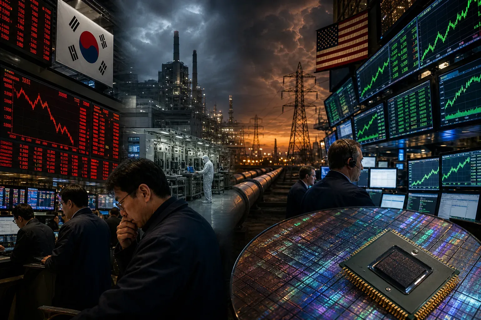 Korean memory selloff screens opposite a rising US semiconductor tape under energy cost pressure