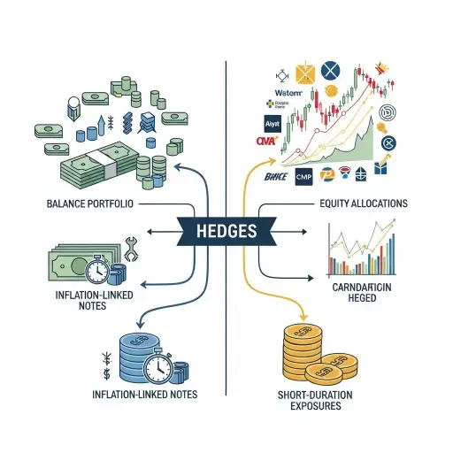 A balanced portfolio schematic showing hedges, with inflation-linked notes and short-duration exposures in contrast to equity allocations