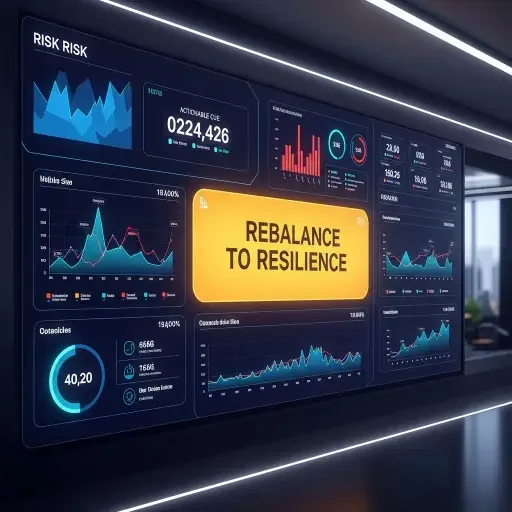 A final, high-contrast image of a stylized risk dashboard with a single, clear actionable cue: “Rebalance to resilience