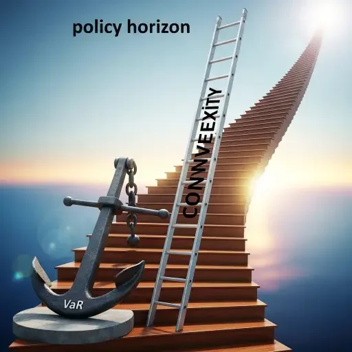 A metaphorical staircase ascending toward a shimmering policy horizon, with a ladder labeled “Convexity” and a quiet anchor named “VaR