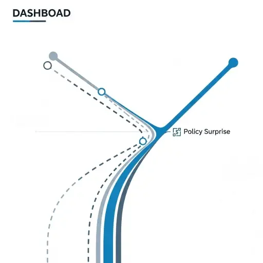 A stylized dashboard showing diverging paths—one dotted, one solid—converging after a policy surprise