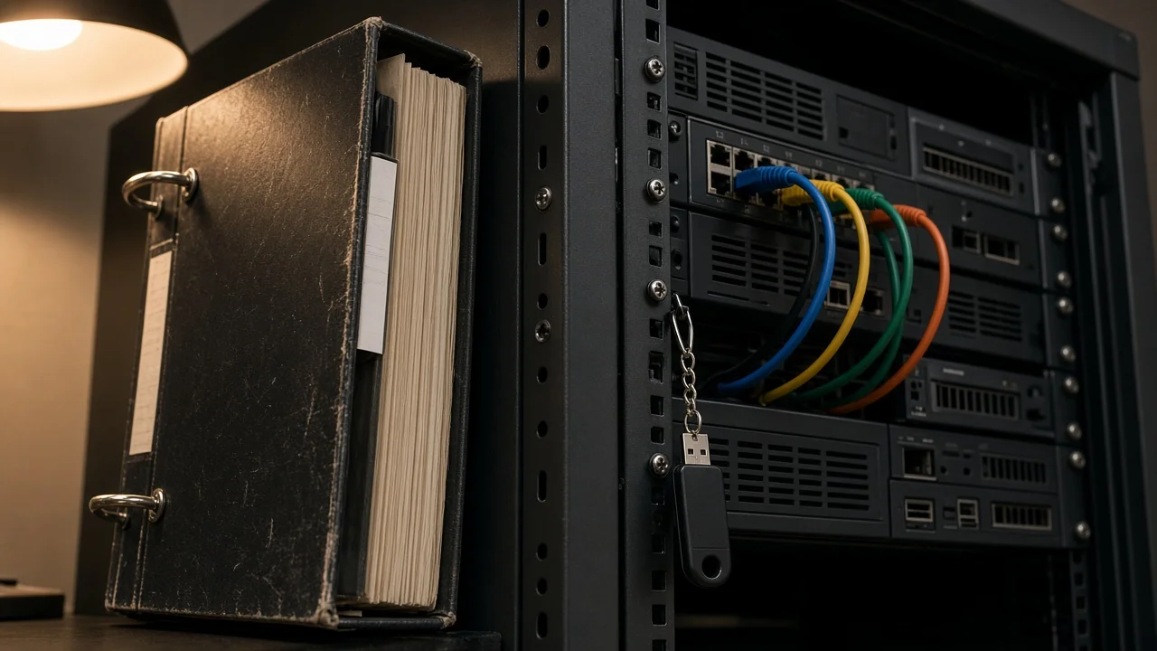Policy binder beside an open server rack with an unsecured hardware key and patch cables in warm desk light