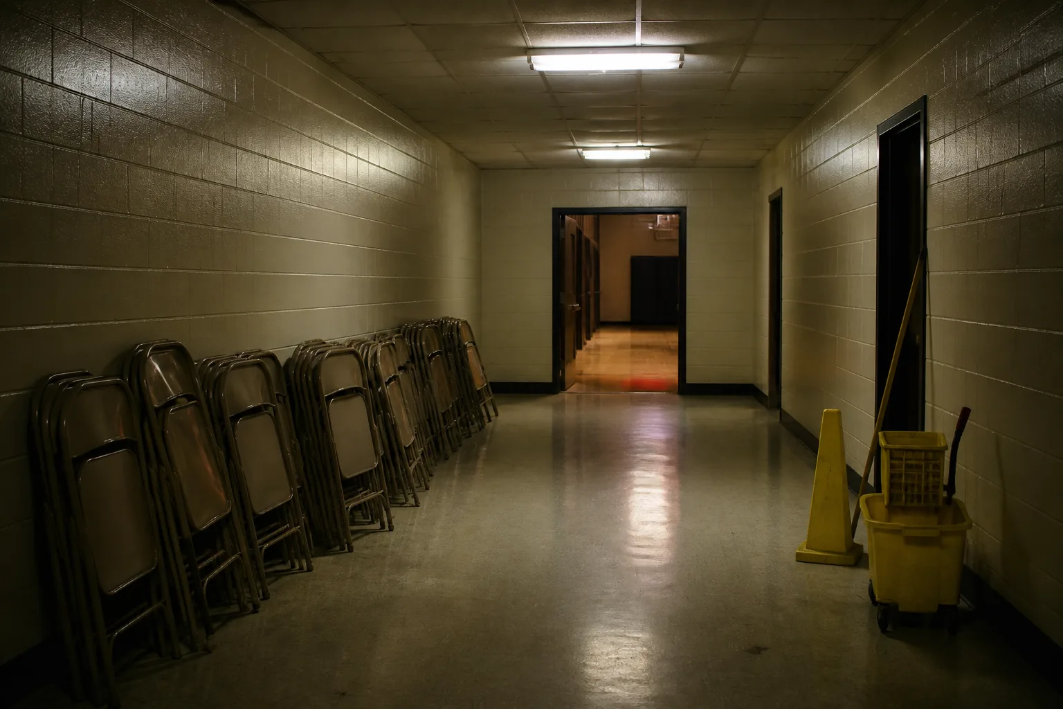Stacked metal folding chairs in a rec-center corridor at night, mop bucket on linoleum, gym light spilling from a dark doorway