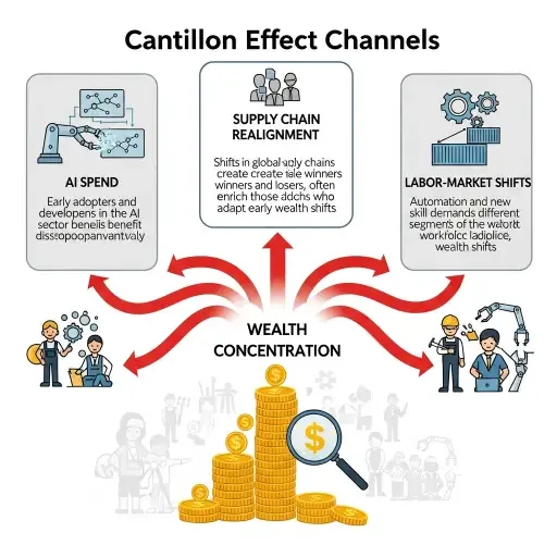 A diagram illustrating Cantillon effect channels: AI spend, supply chain realignment, labor-market shifts, with arrows showing wealth concentration
