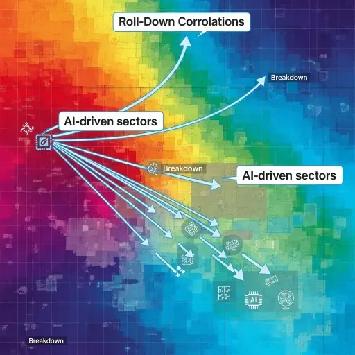 A heat map of roll-down correlations showing pockets of breakdown, with arrows indicating AI-driven sectors