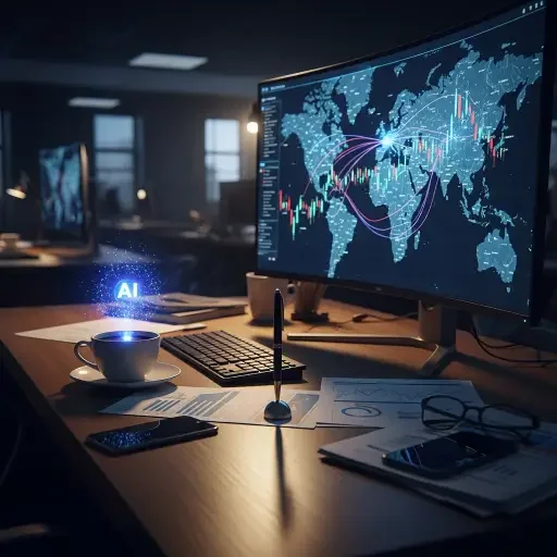 A moody newsroom desk with a digital map of global markets, AI glow reflecting off a coffee cup, a pen standing as a sentinel between certainty and possibility