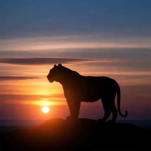 closing visual of a tiger silhouette against a dawn sky, alt-text: Tiger silhouette against dawn light, a symbol of precarious balance between danger and conservation