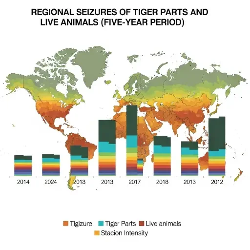 data-chorus chart of seizures by region, alt-text: Regional seizures of tiger parts and live animals over a five-year period, stacked by month