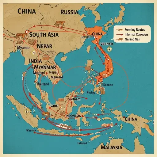 illustration of a supply-chain node map, alt-text: A stylized map showing cross-border routes and informal corridors in the tiger trade