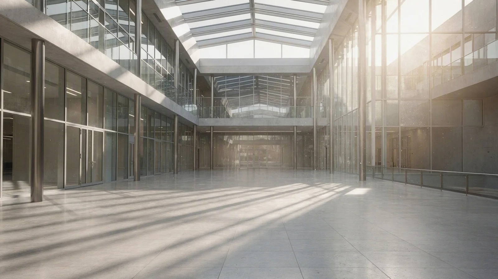 Empty modern institutional glass atrium with geometric morning shadows, no signage text