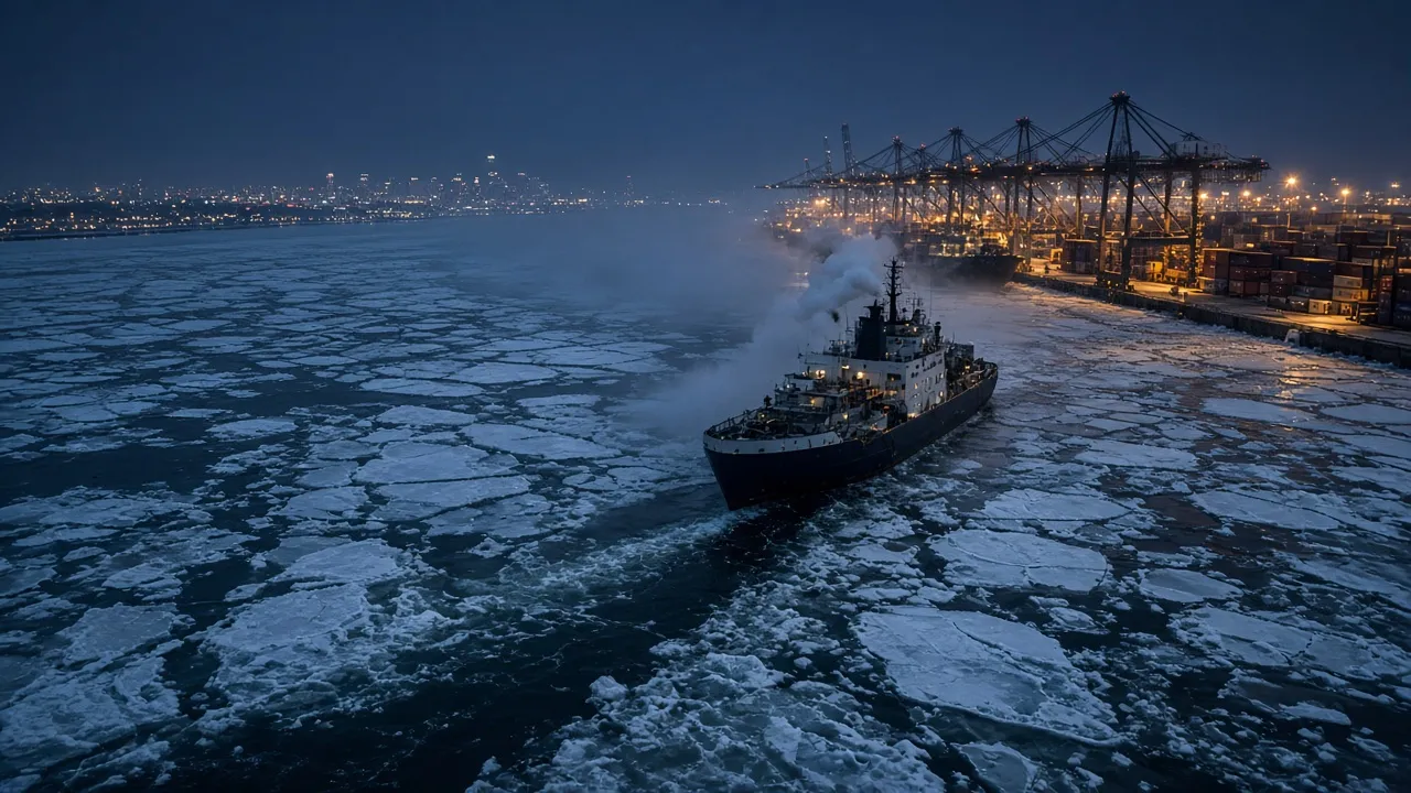 An icebreaker cutting a dark channel toward Montreal's crane-lit docks at blue hour