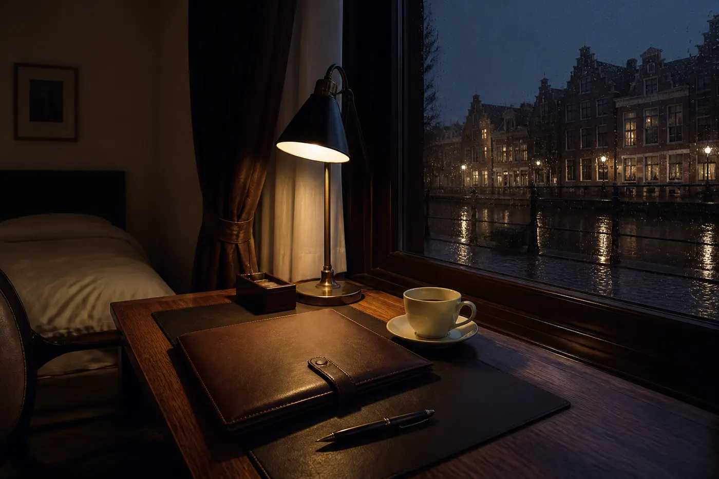 Night Hague hotel desk by a rain-streaked canal window, closed folio and cold coffee under an amber lamp